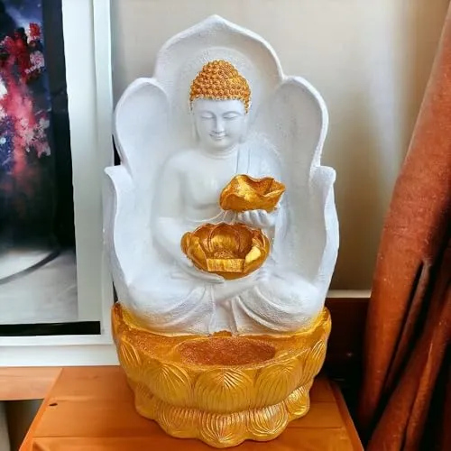 SEPBORN White and Gold Buddha Water Fountain, Seated Figurine, for Indoor Outdoor Decoration with LED Lights Water Pump