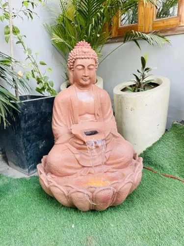 TENDENCE DECOR Garden Fountain with LED Light, Buddha Statue, Decorative Water Feature, Buddha kamal fountain3 feet | Home decor fountain| water fountain for office 3 feet fiber (unbreakable)