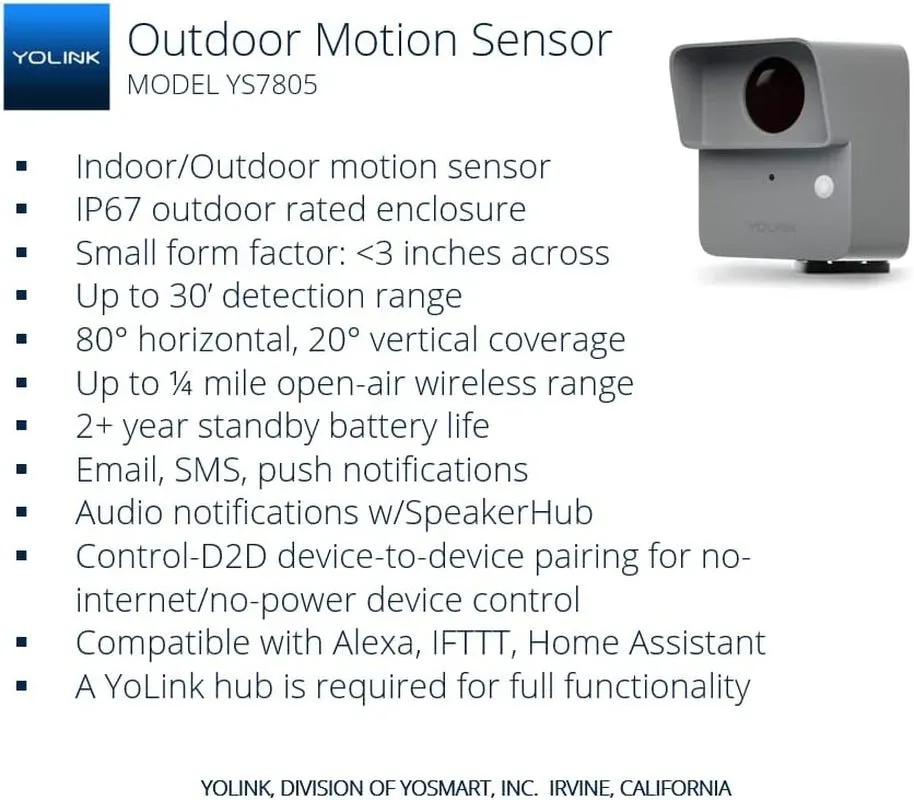 Yolink Lora Smart Outdoor Motion Sensor Starter Kit, Driveway Alert, Property Invasion/Tresspassing Detector, Email/Sms/Push Alerts, Alexa, IFTTT, Home Assistant: Includes (2) Sensors, (1) Speakerhub