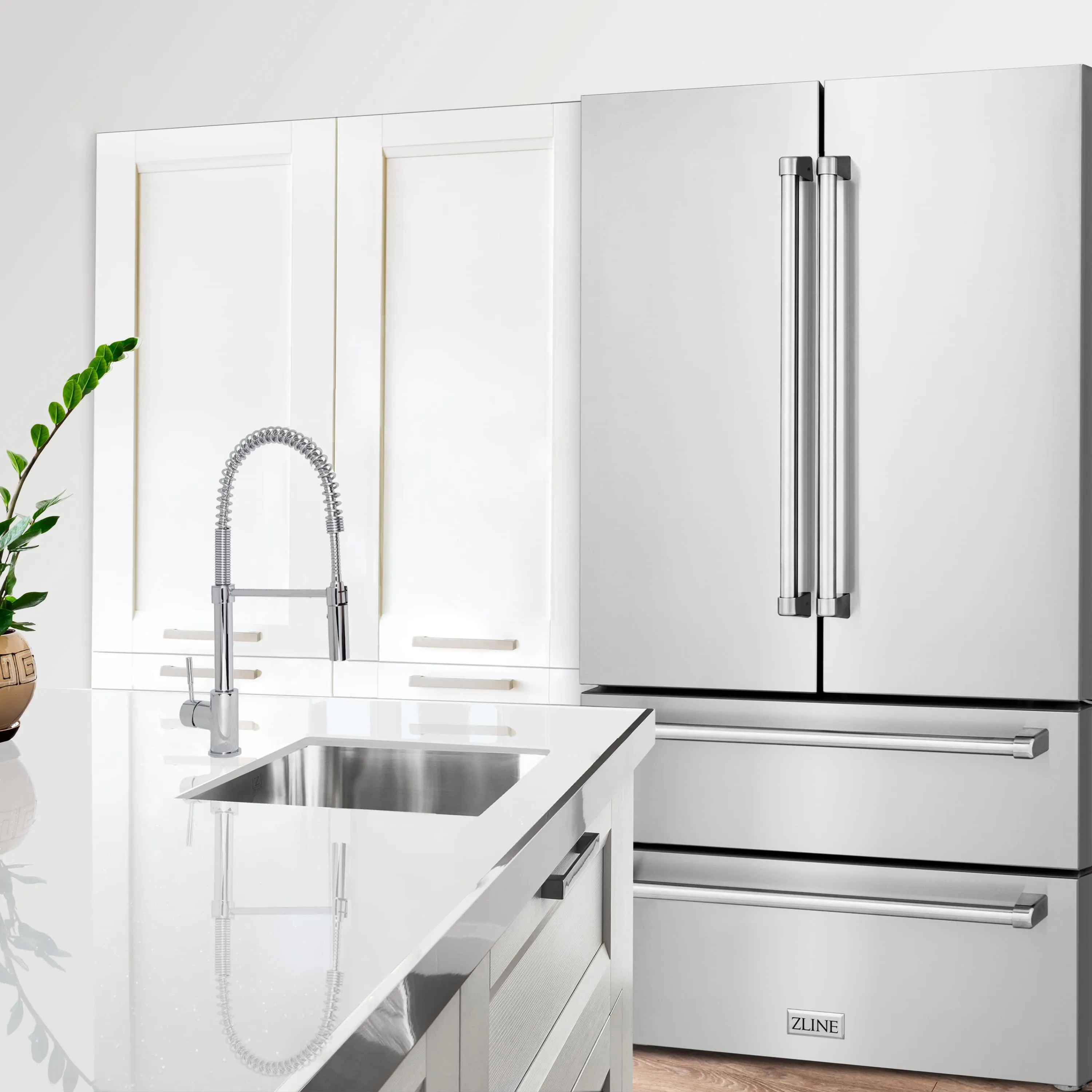 ZLINE 5-Piece Appliance Package - 48-Inch Rangetop, Refrigerator, 30-Inch Electric Wall Oven, 3-Rack Dishwasher, and Convertible Wall Mount Hood in Stainless Steel (5KPR-RTRH48-AWSDWV)