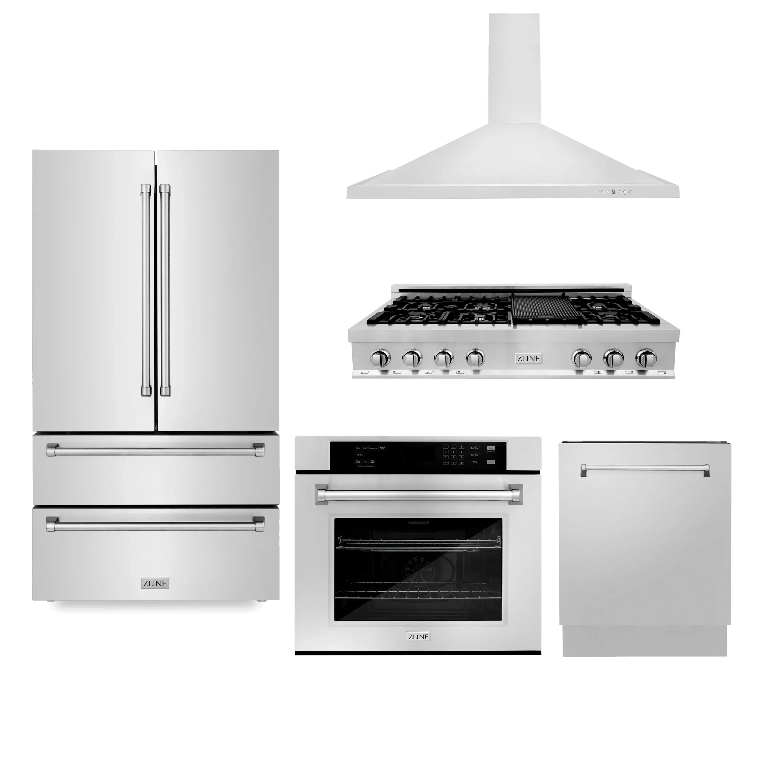 ZLINE 5-Piece Appliance Package - 48-Inch Rangetop, Refrigerator, 30-Inch Electric Wall Oven, 3-Rack Dishwasher, and Convertible Wall Mount Hood in Stainless Steel (5KPR-RTRH48-AWSDWV)