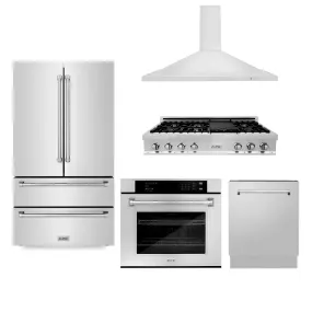 ZLINE 5-Piece Appliance Package - 48-Inch Rangetop, Refrigerator, 30-Inch Electric Wall Oven, 3-Rack Dishwasher, and Convertible Wall Mount Hood in Stainless Steel (5KPR-RTRH48-AWSDWV)